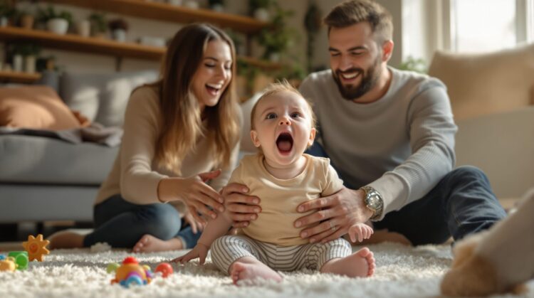 bebe decouvre sa voix et crie